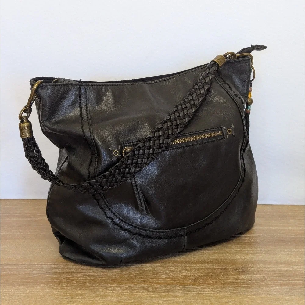 The SAK Indio Black Soft Leather Hobo Braided Shoulder Strap Bag Purse Zip